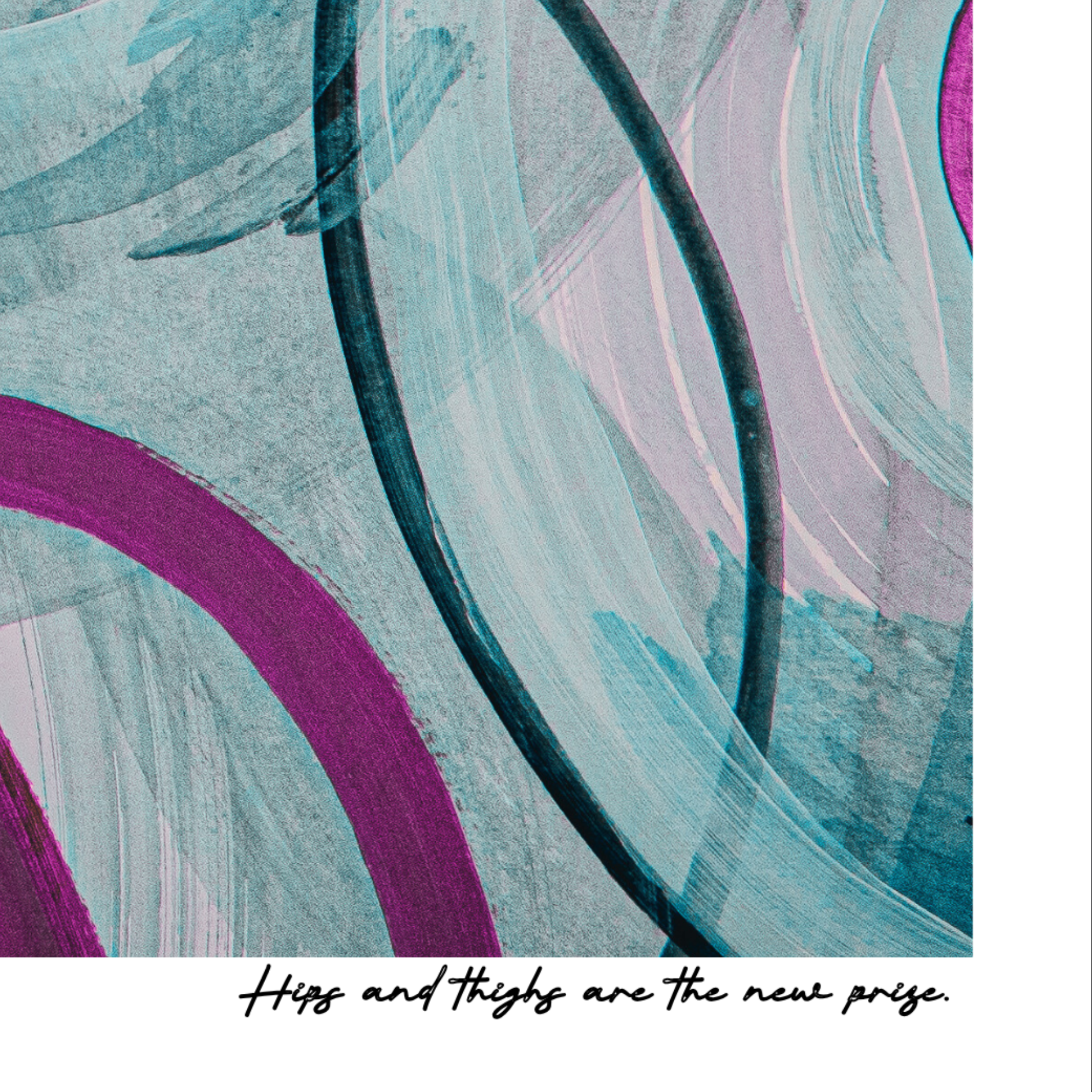 Abstract art with wavy lines in teal, purple, and gray on a white background.