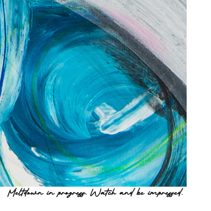 Abstract painting with swirling blue and green colors on a textured surface.