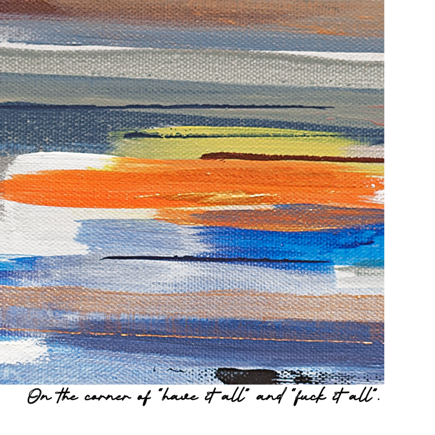 Abstract art with horizontal stripes in various colors on a white background.