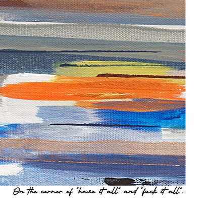 Abstract art with horizontal stripes in various colors on a white background.