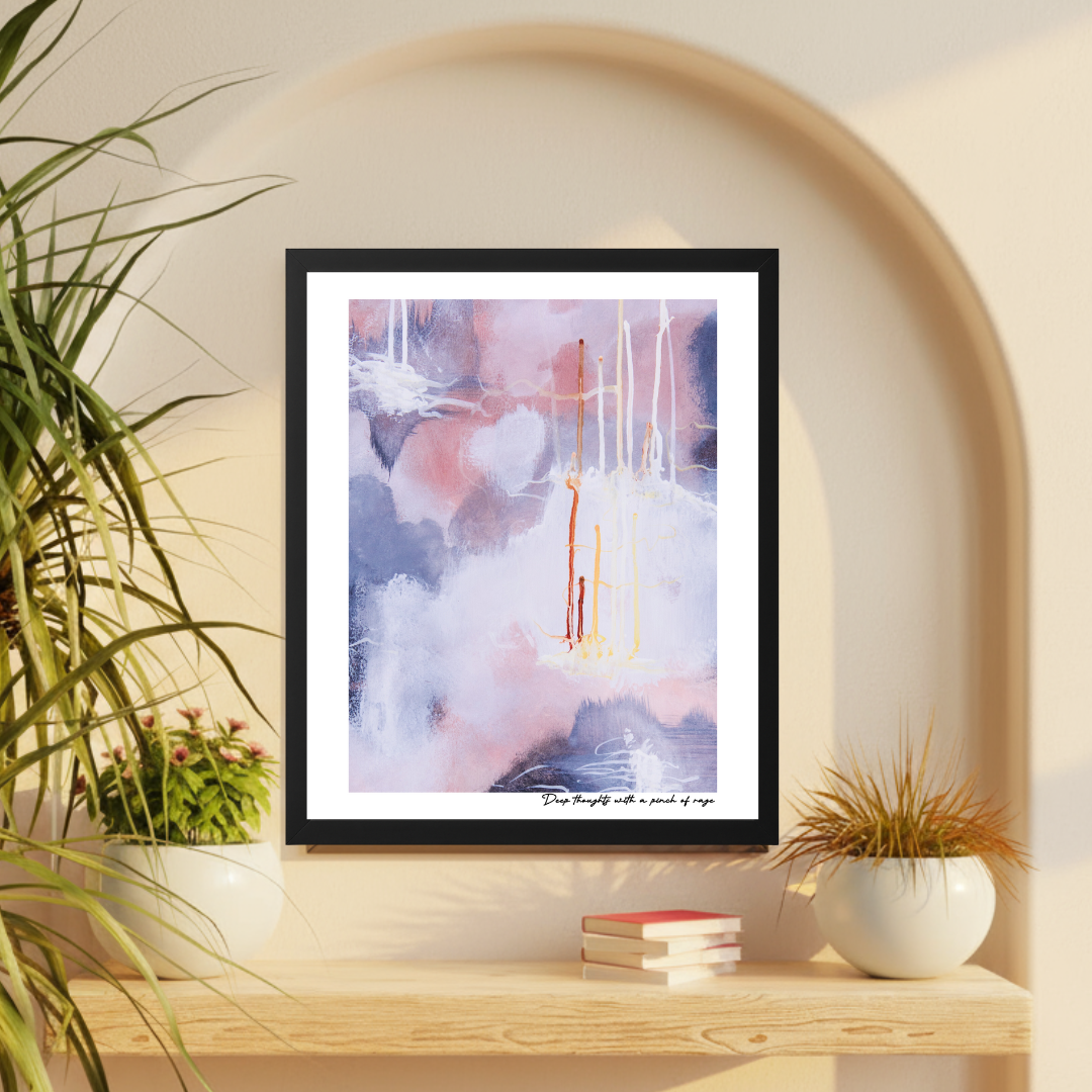 Framed abstract artwork on a shelf with plants and books in a room.