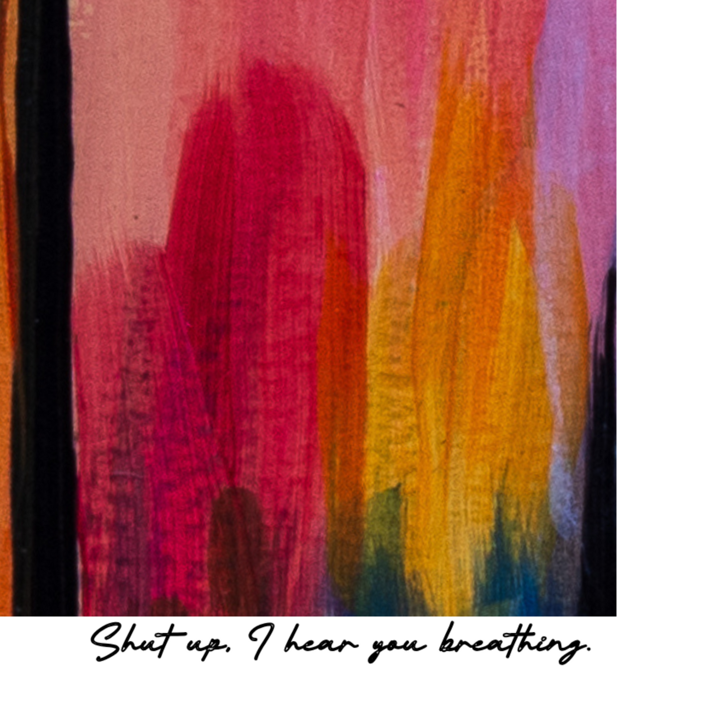 Abstract art with pink, orange, and yellow colors and text at the bottom.